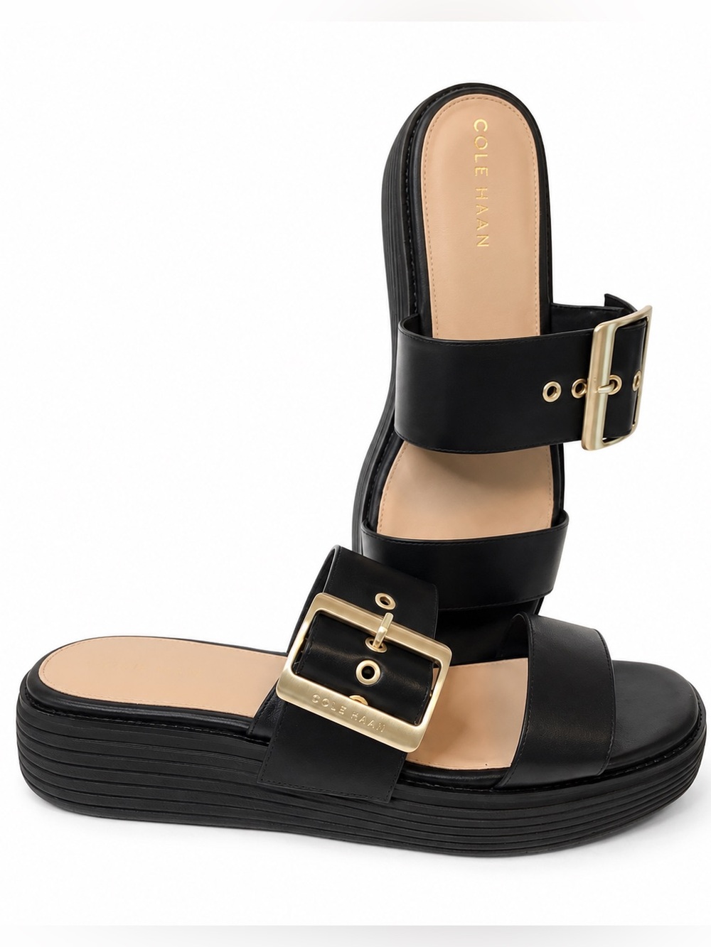 COLE HAAN Women's Black Leather Double-Strap Wedge Slides with Gold Buckle 9 - Picture 2 of 8